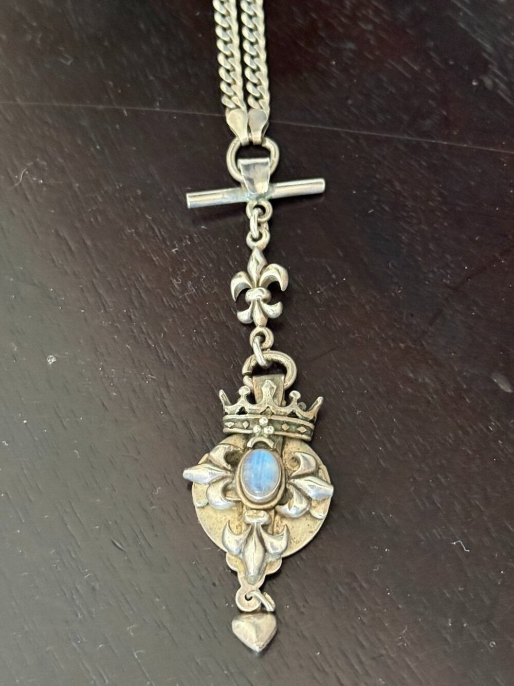 Fleur de Lis 925 silver necklace with pale blue opal-like gem & crown